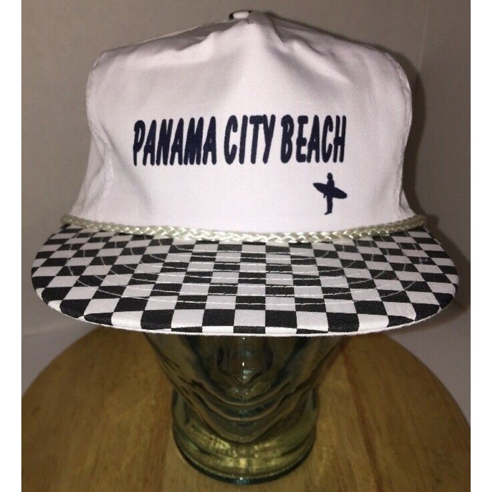 Vintage PANAMA CITY BEACH Hat Cap Surfer Snapback Checkard Bill Braided Cord